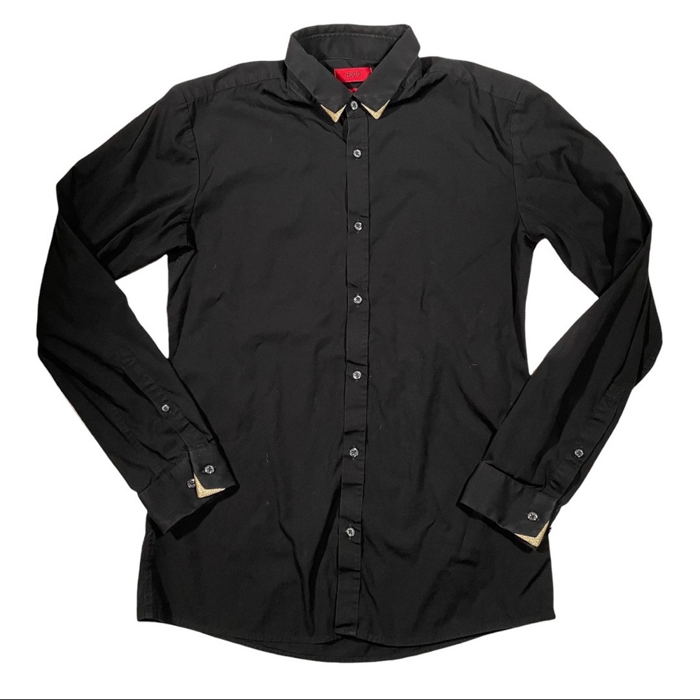 Hugo Boss Slim Black Long Sleeve Button Down Shirt Dress Tuxedo Gold Shimmer S